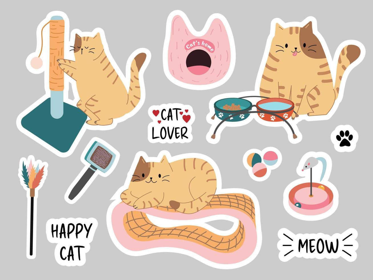 Vector set of cute stickers with cat accessories. Cute pet cat. Pet store equipment. Cat scratcher, toys, fluffer, soft seat, plates, cat house. Inscriptions meow, cat lover, happy cat.