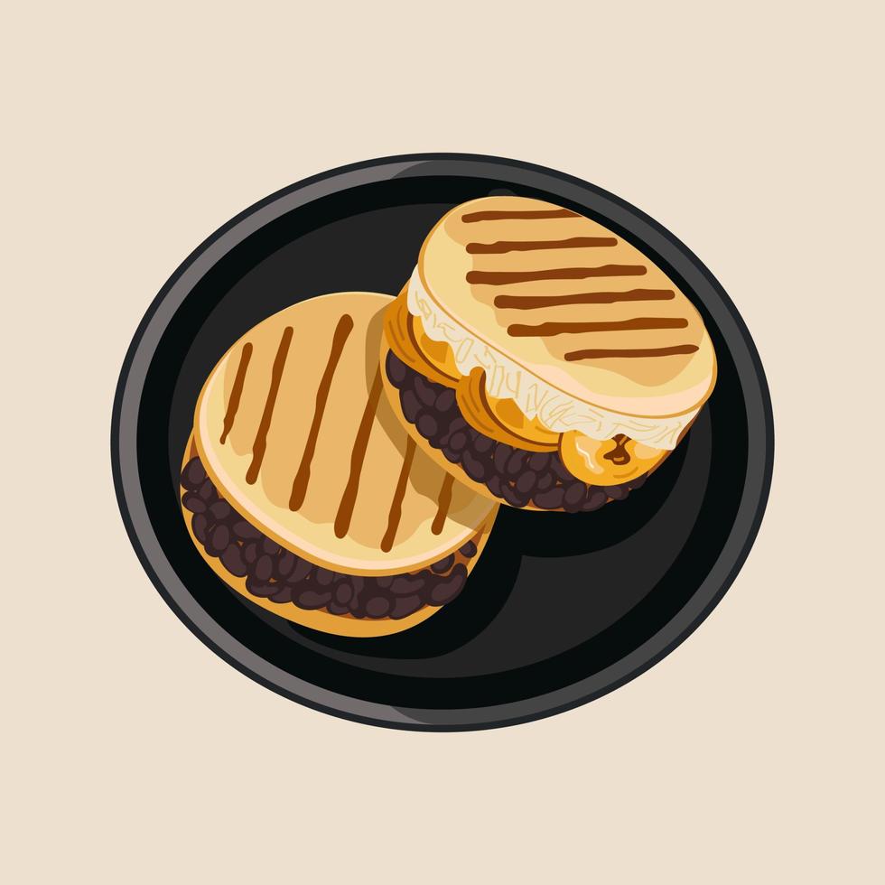 arepas pabellón. tradicional Colombiana cocina. arepas con negro frijoles, frito plátanos, y blanco quesos vector comida ilustración. latín americano comida en un negro lámina. blanco aislado antecedentes.