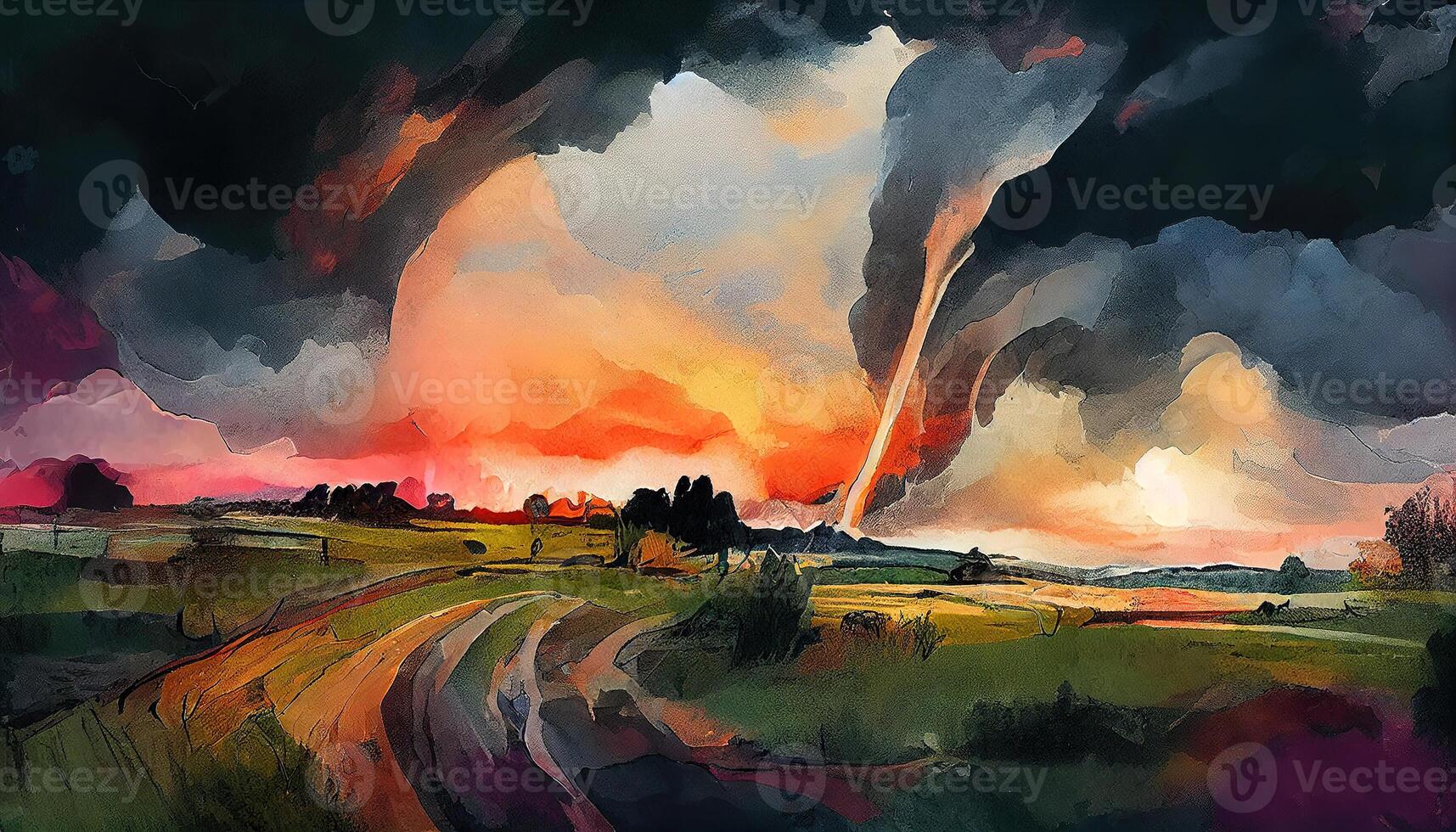 A dramatic storm at sunset producing a powerful tornado twisting through the countryside with sheet lightning. photo