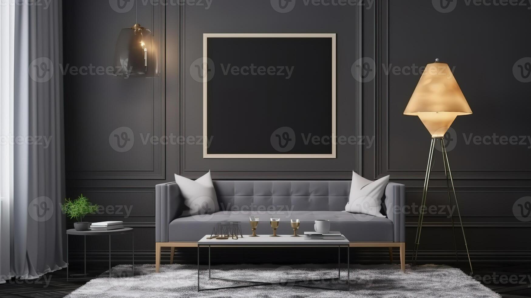 Frame mockup in modern dark home interior with grey sofa. photo
