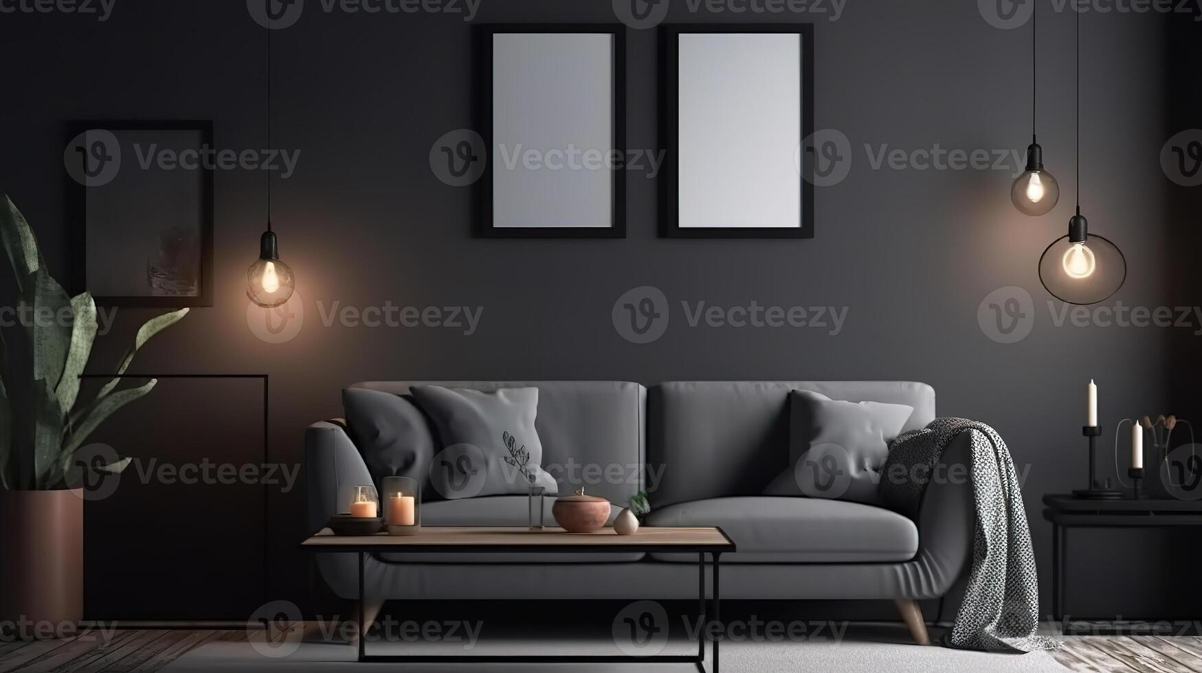Picture frame mockup hanging in a modern living room. photo