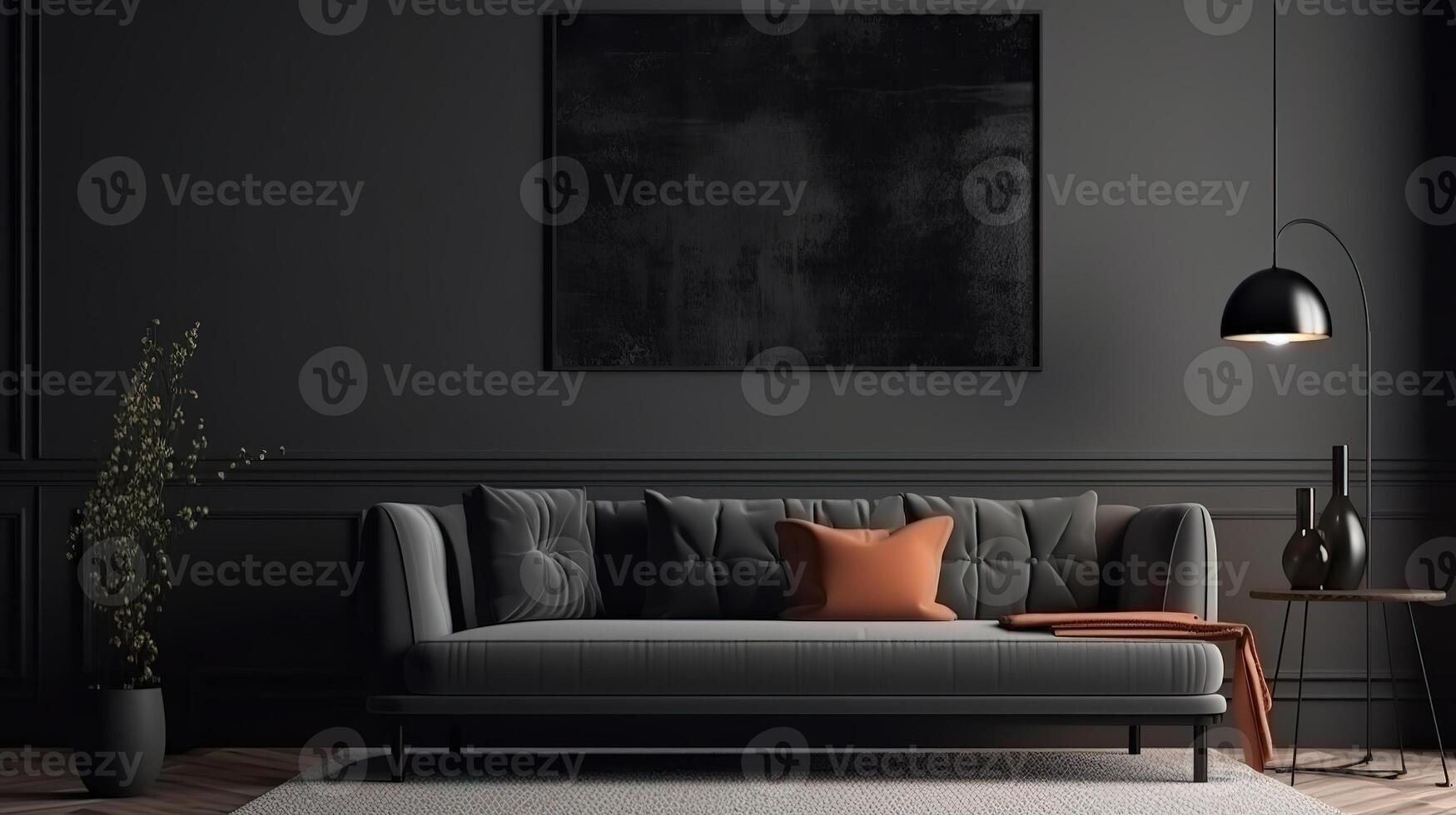 Frame mockup in modern dark home interior with grey sofa. photo