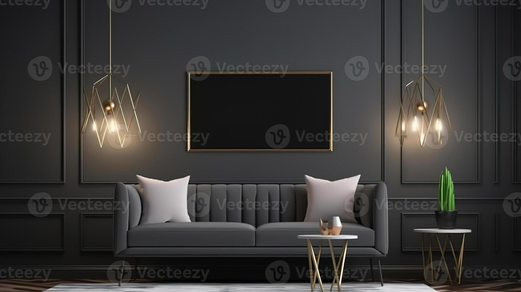 Picture frame mockup hanging in a modern living room. photo