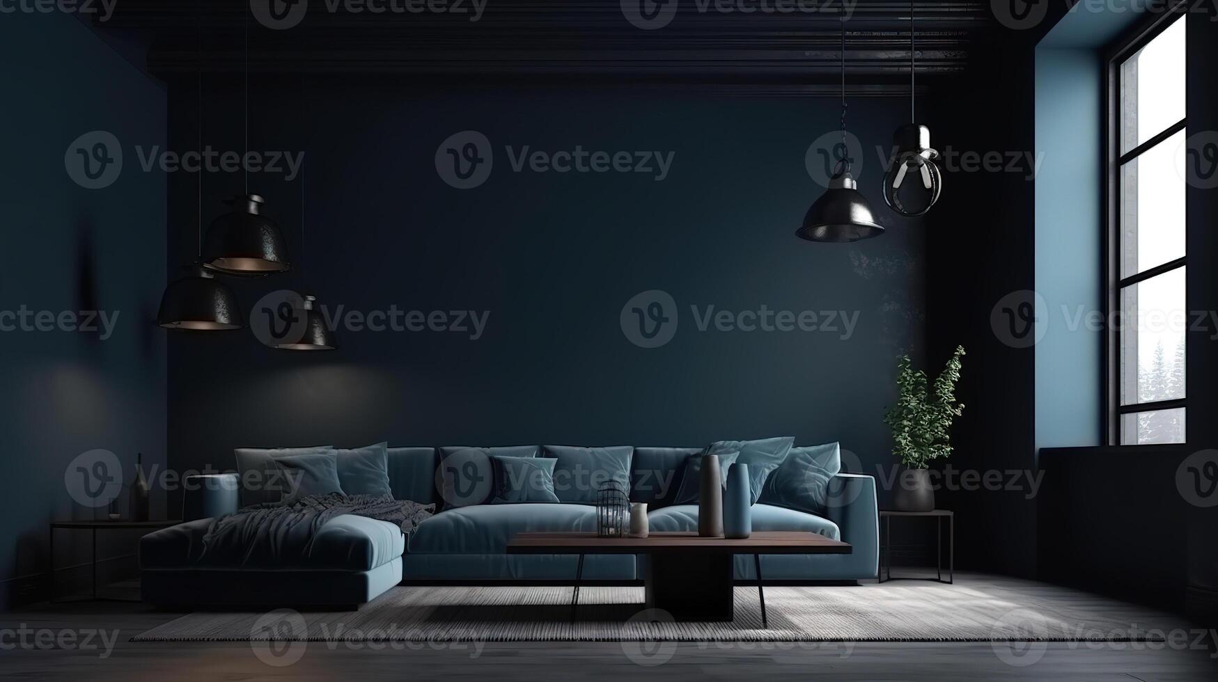 Modern dark home interior background, wall mock up, 3d render, Bright color. photo