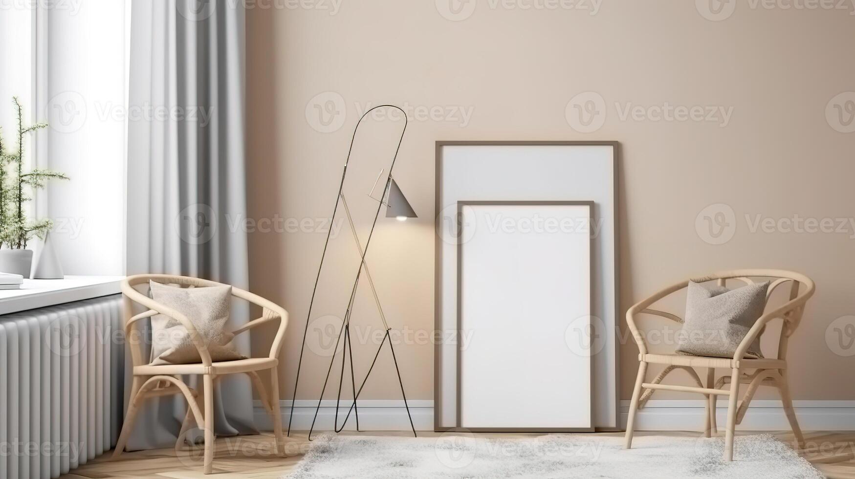 Mock up poster frame in modern beige home interior. photo