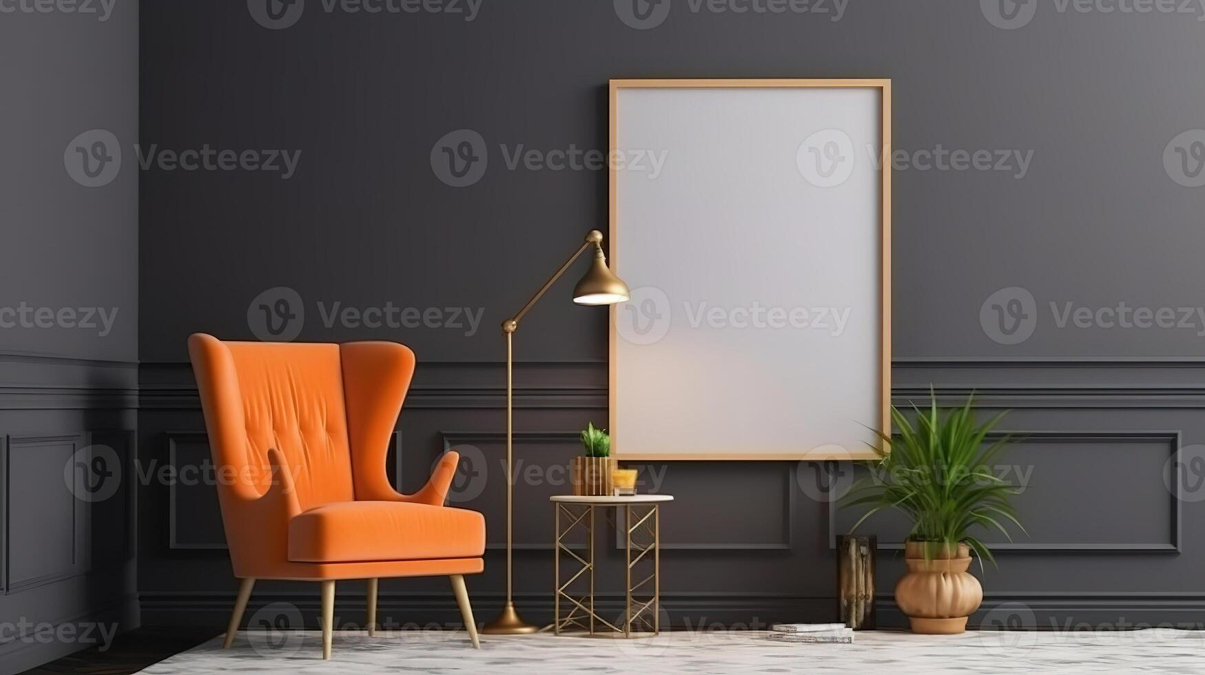 Table and decor in living room, 3d render. photo