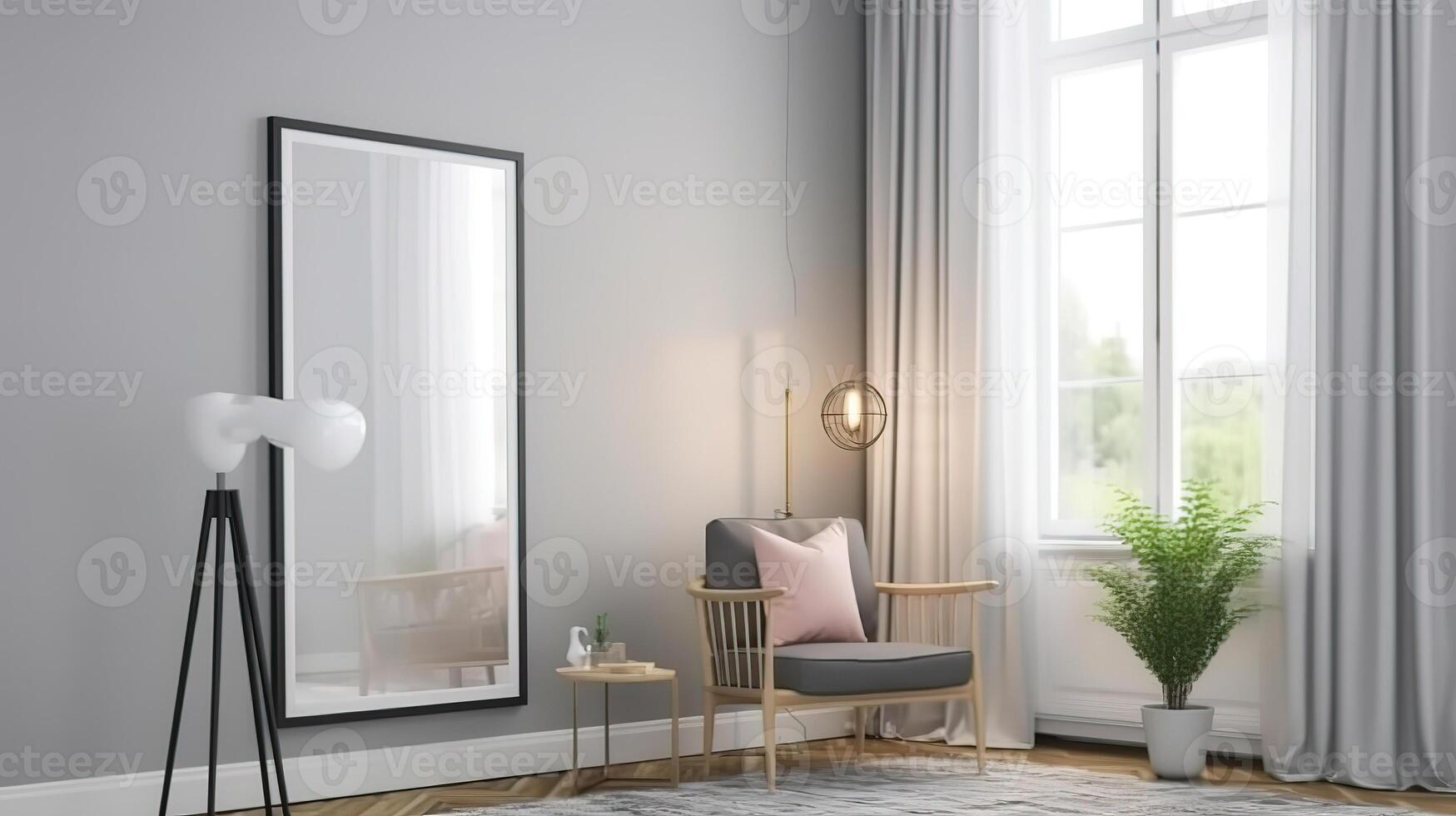 Mockup frame in Scandinavian living room interior, 3d render. photo