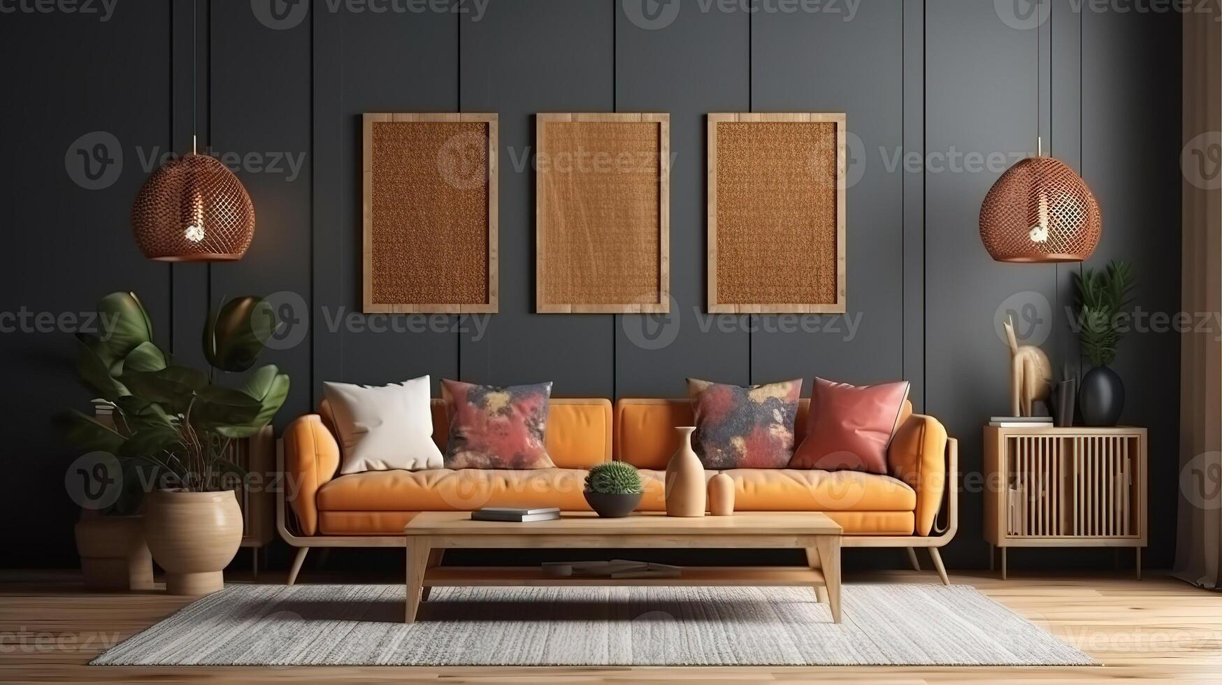 Poster frame mock-up in home interior background with sofa. photo