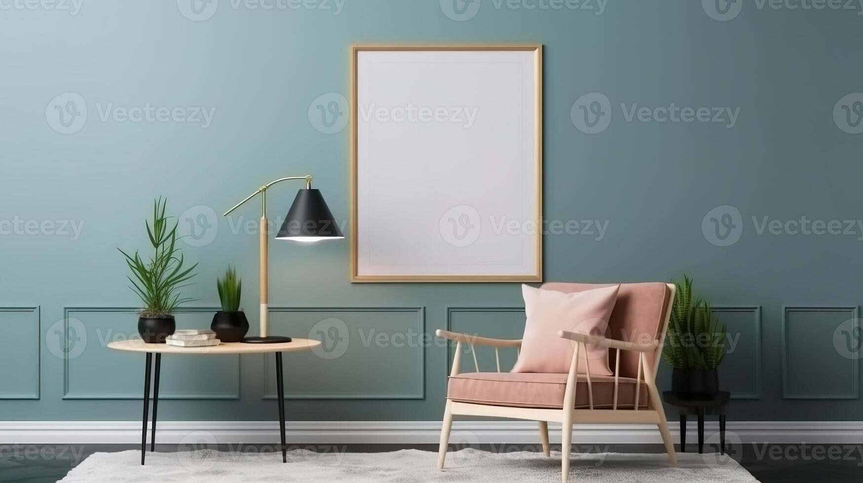 Table and decor in living room, 3d render. photo