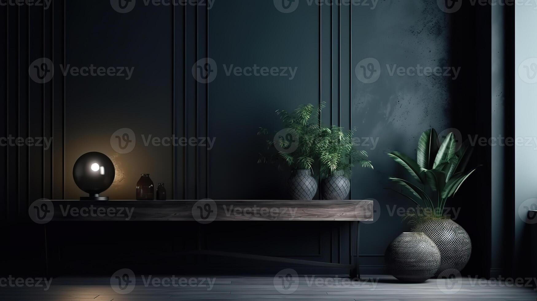 Modern dark home interior background, wall mock up, 3d render, Bright color. photo