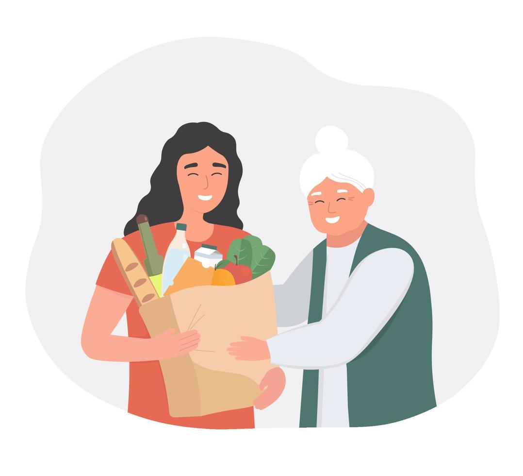 A volunteer helps an elderly person carry groceries. Vector graphics.