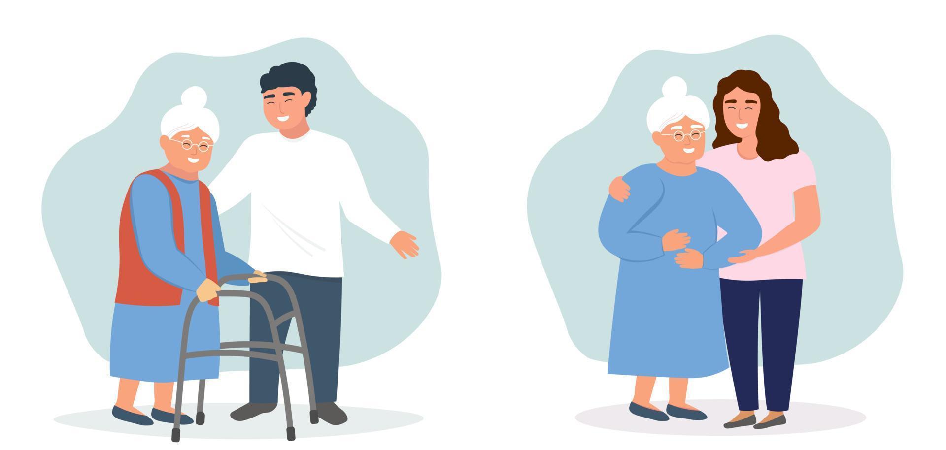 A nurse helps an elderly woman. Old lady's support. Vector graphics.