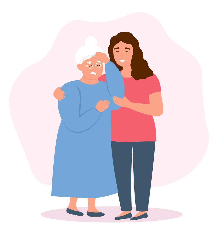 Help for the elderly. The old woman has a migraine, Alzheimer's headache. The nurse supports the patient. Vector flat graphics.