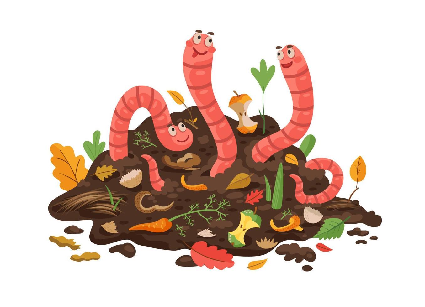 Cartoon compost worm in soil, funny earthworms vector