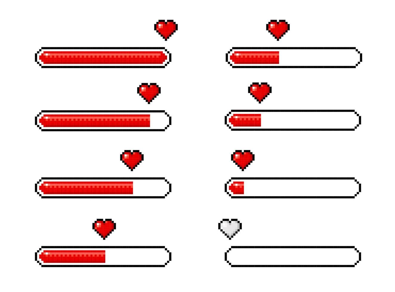 Pixel heart loading bars, 8 bit video game icons vector