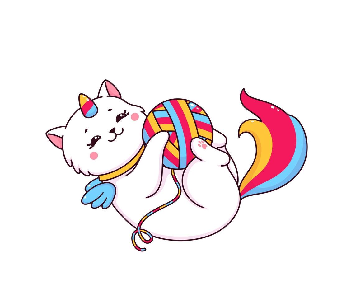 Cartoon cute caticorn character playing with clew vector
