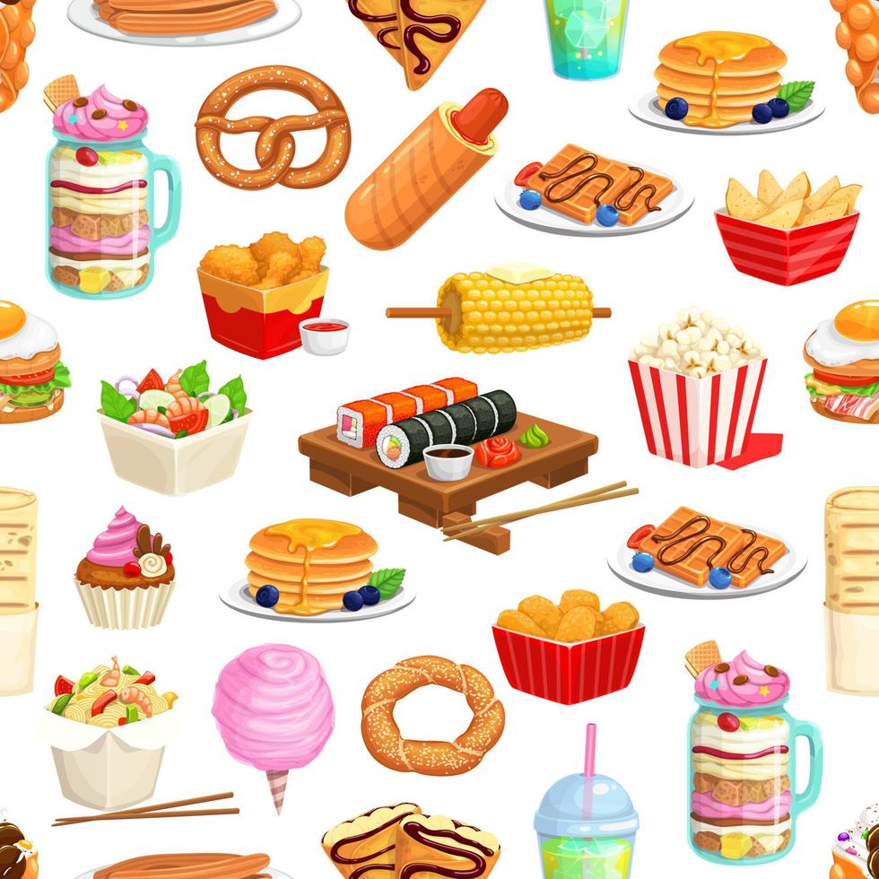Cartoon fast food seamless pattern, snacks, drinks vector