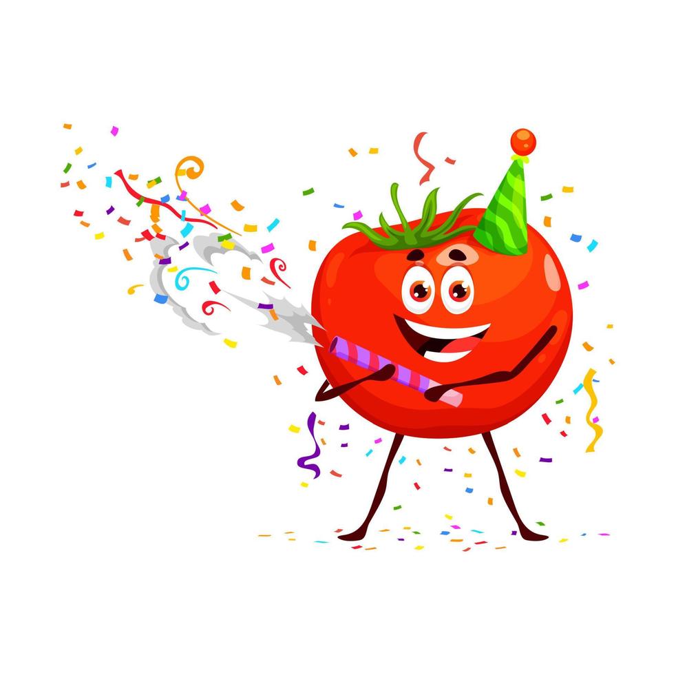 dibujos animados tomate vegetal personaje en cumpleaños vector