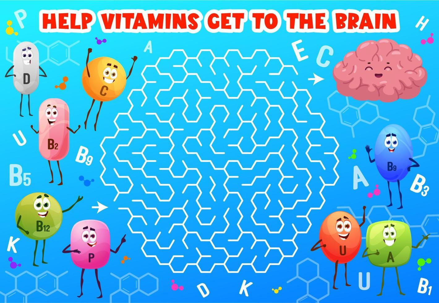 Labyrinth maze game cartoon vitamin characters vector