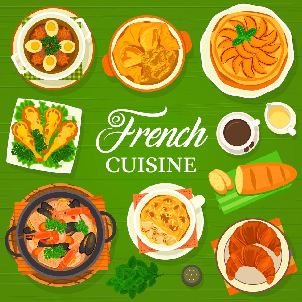 French cuisine menu cover, restaurant food meals vector