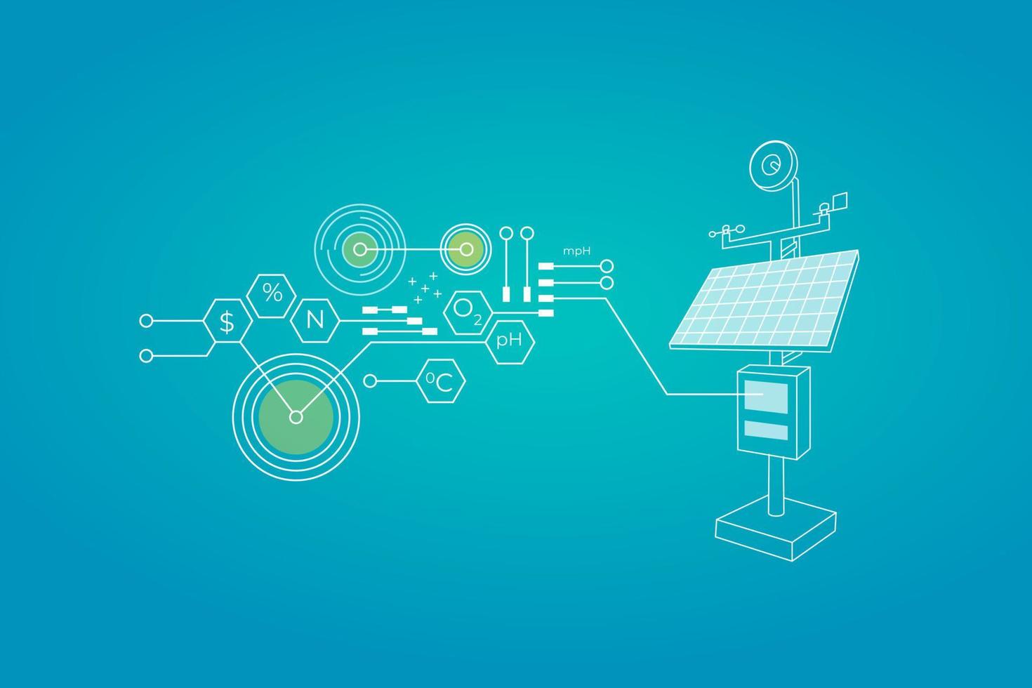 Agricultural Equipment connected to solar cell. Illustration of smart farming connected to integrated circuit vector