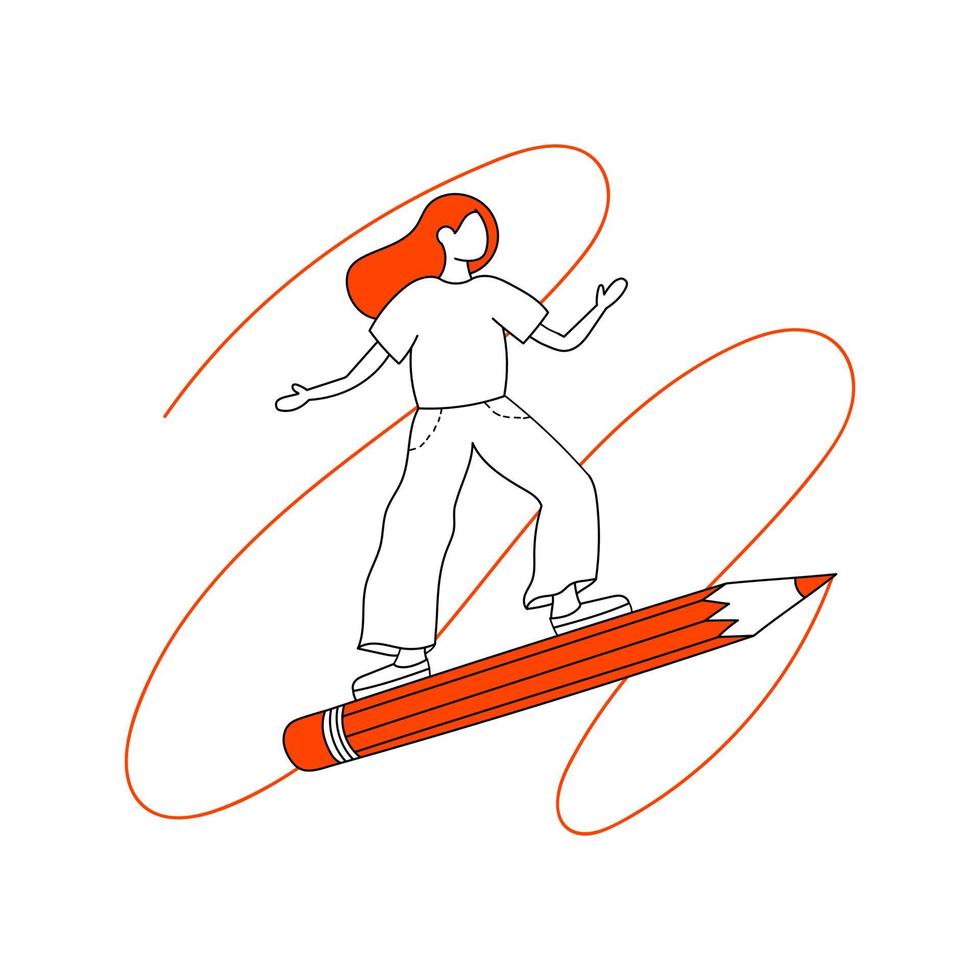 Vector drawing of a girl isolated on a white background. The student flies on a huge pencil.