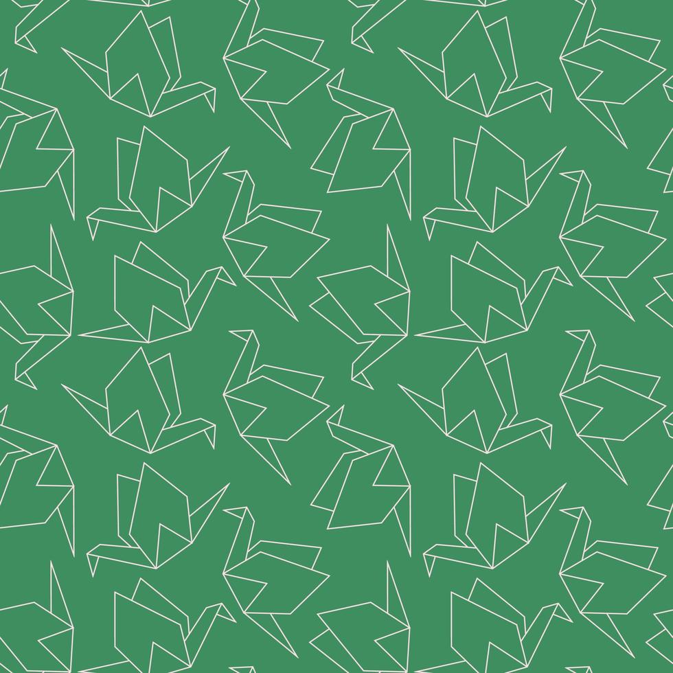 Seamless pattern origami paper cranes on a green background. Doodle lineart vector illustration.