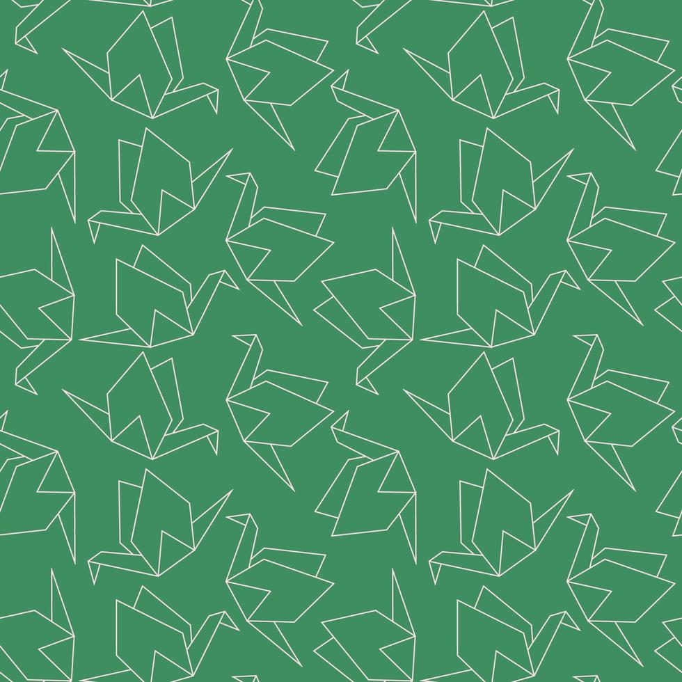 Seamless pattern origami paper cranes on a green background. Doodle lineart vector illustration.