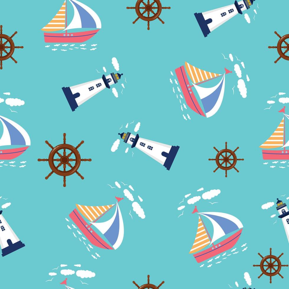 Nautical pattern, seamless pattern with yacht, lighthouse and helm. Vector design for fabric, packaging, wallpaper, cover.