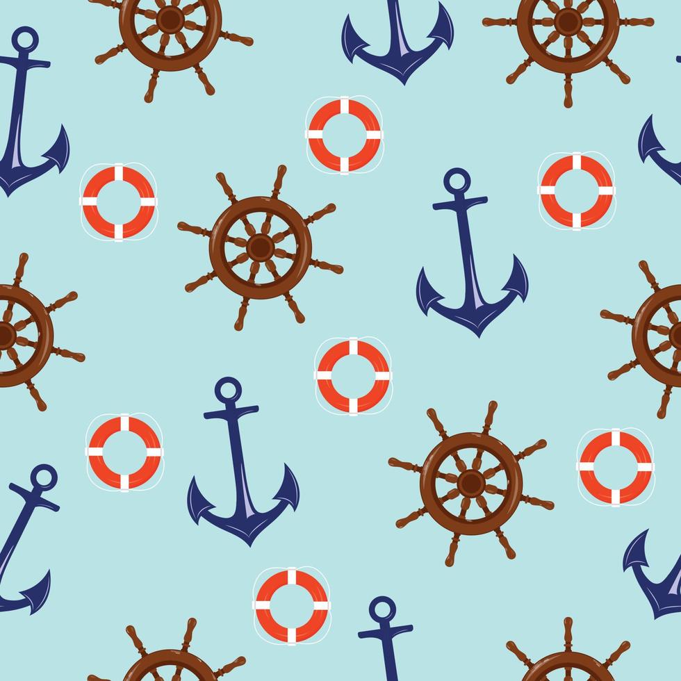 Seamless pattern with anchor, rudder and lifebuoy. Cute nautical template for fabric, baby clothes, background, textile vector