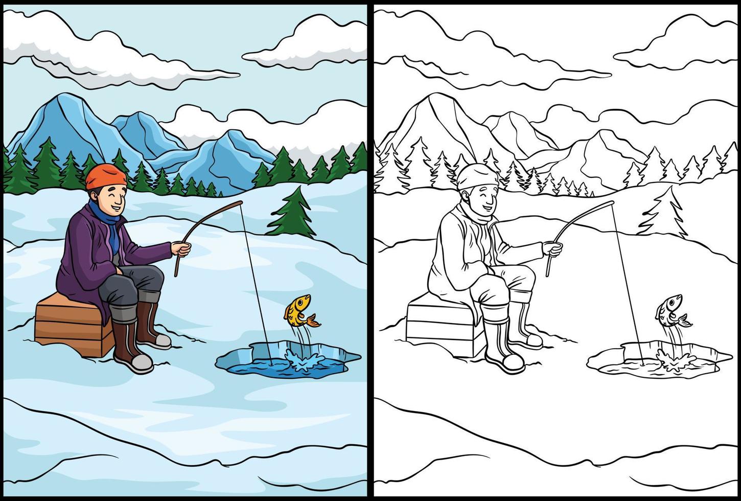 Ice Fishing Coloring Page Colored Illustration vector