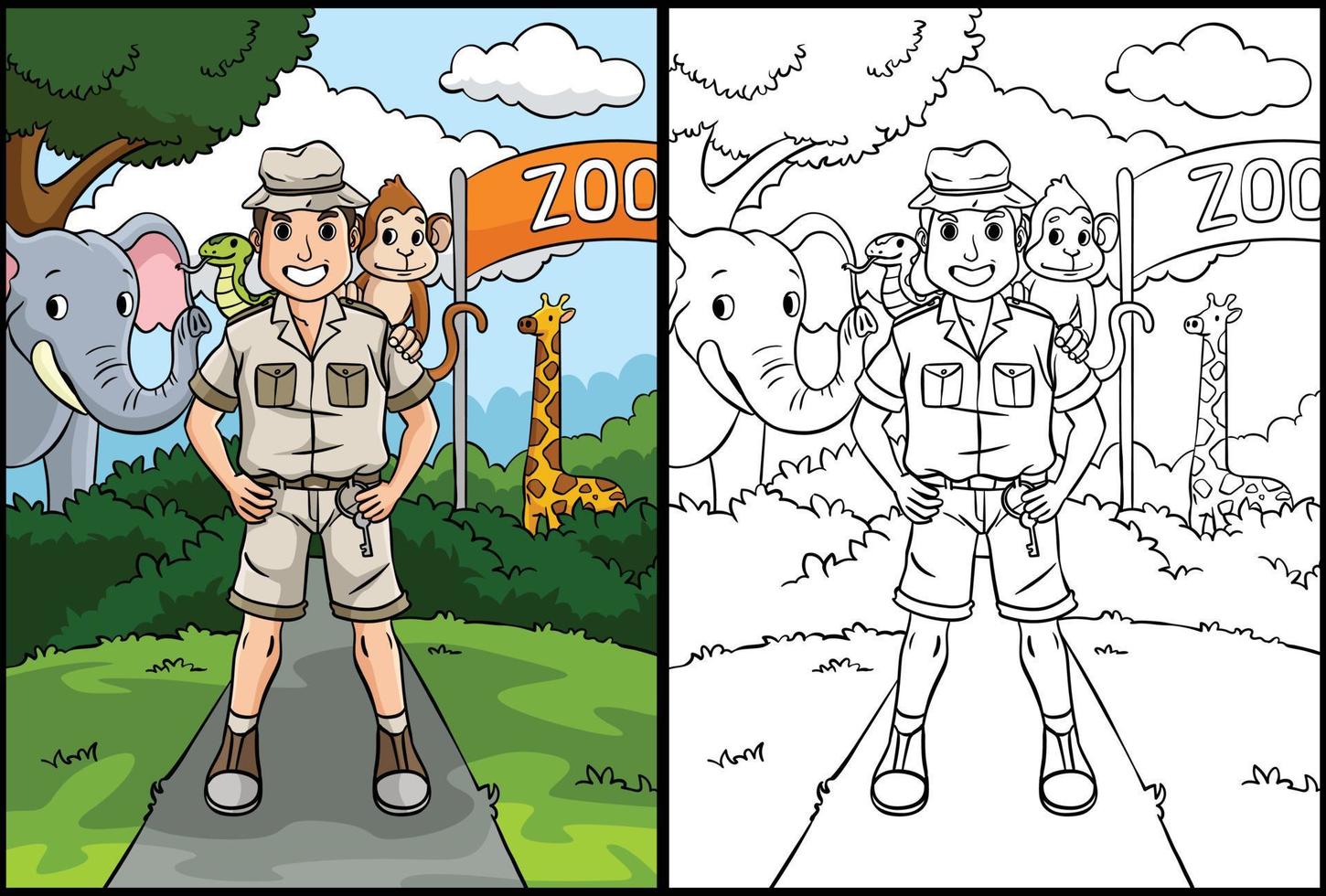 Zookeeper Coloring Page Colored Illustration vector