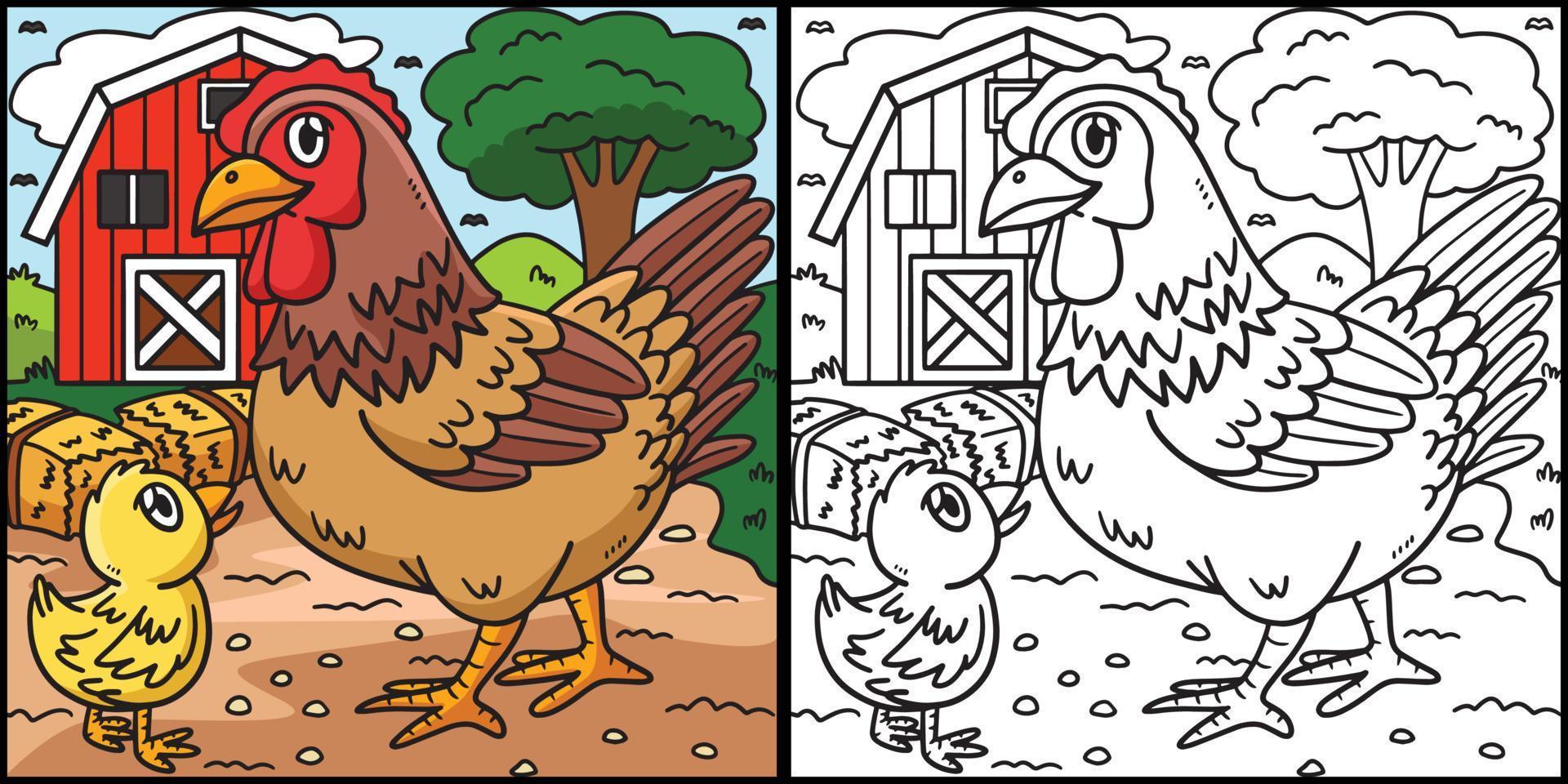 Chicken Coloring Page Colored Illustration vector