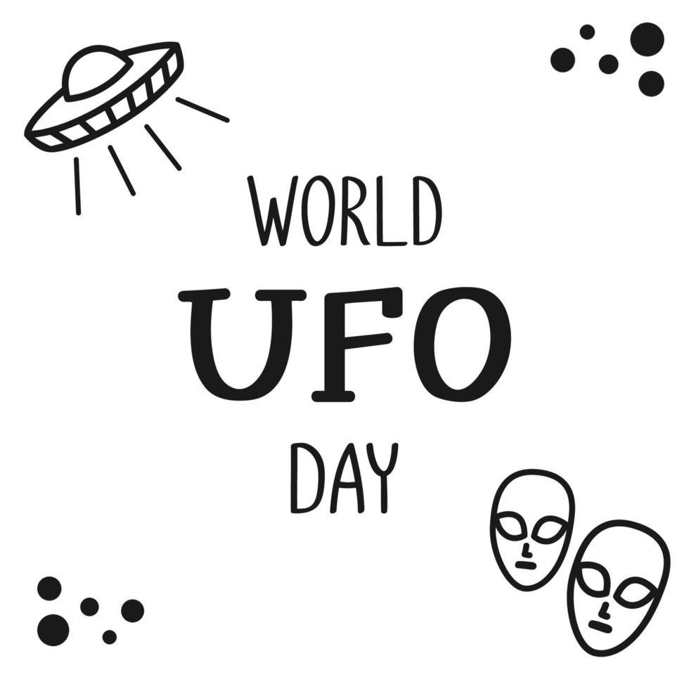 World UFO day vector banner with doodle elements on the white background. Isolated hand drawn objects for holiday design