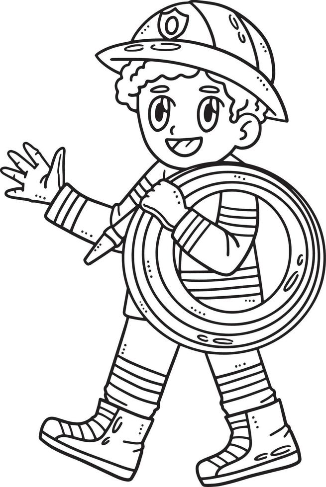 Fireman with Hose Isolated Coloring Page for Kids vector
