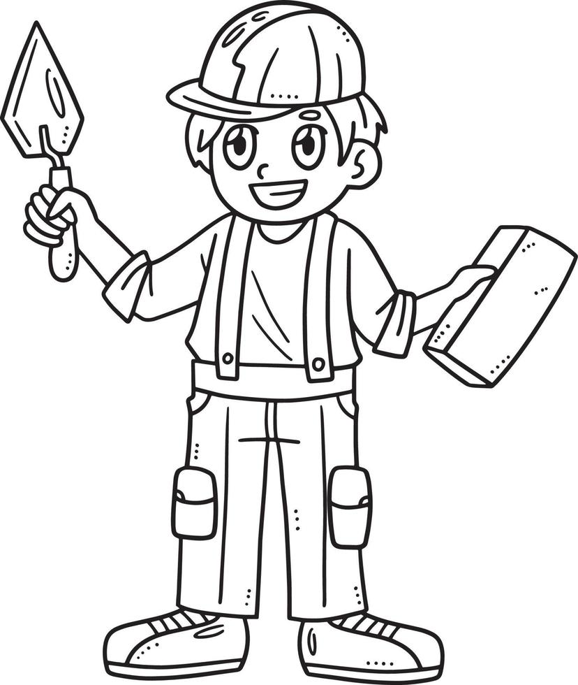 Mason and Bricks Isolated Coloring Page for Kids vector