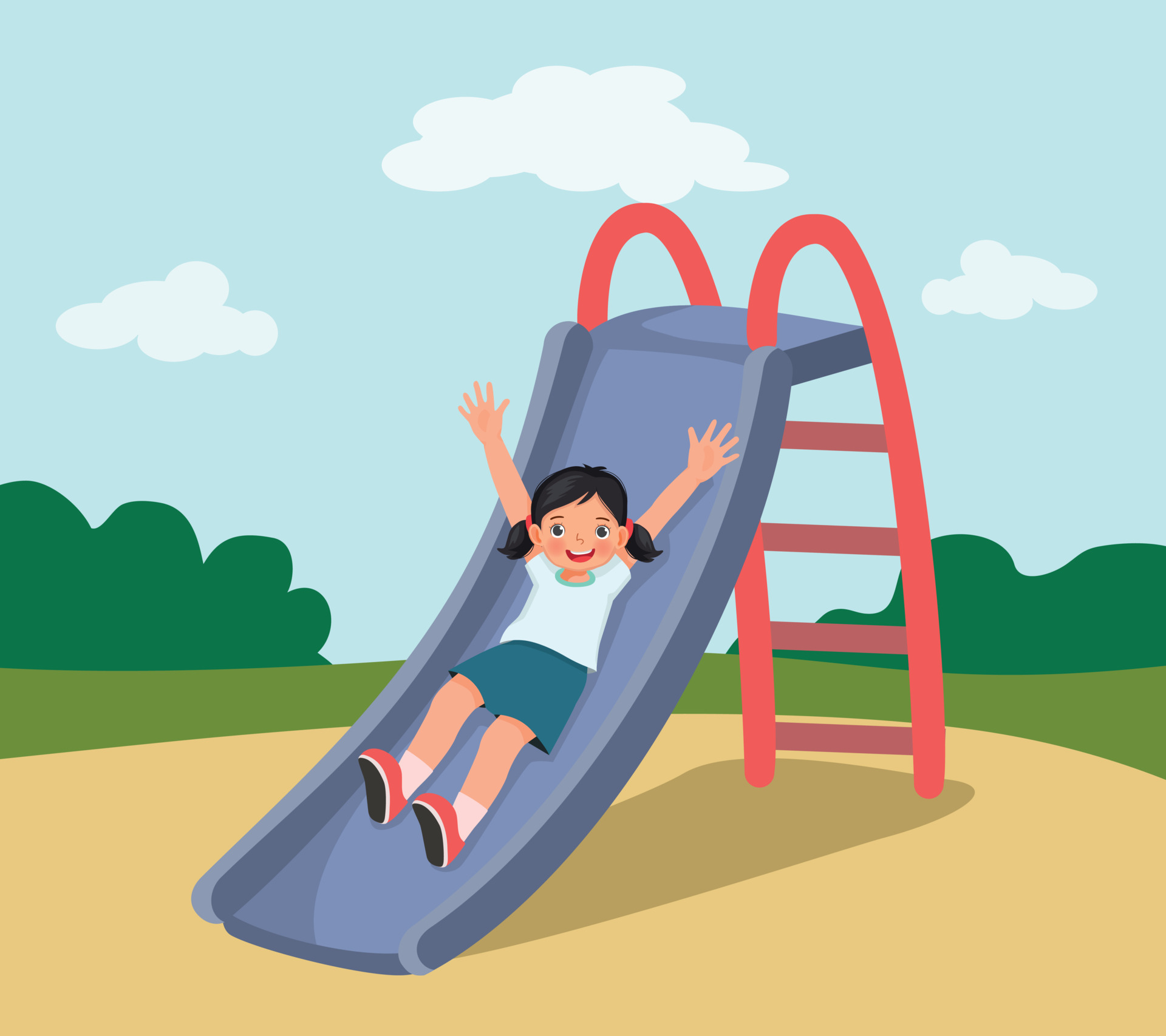 Cute little girl sliding down on slide in the playground 23059080