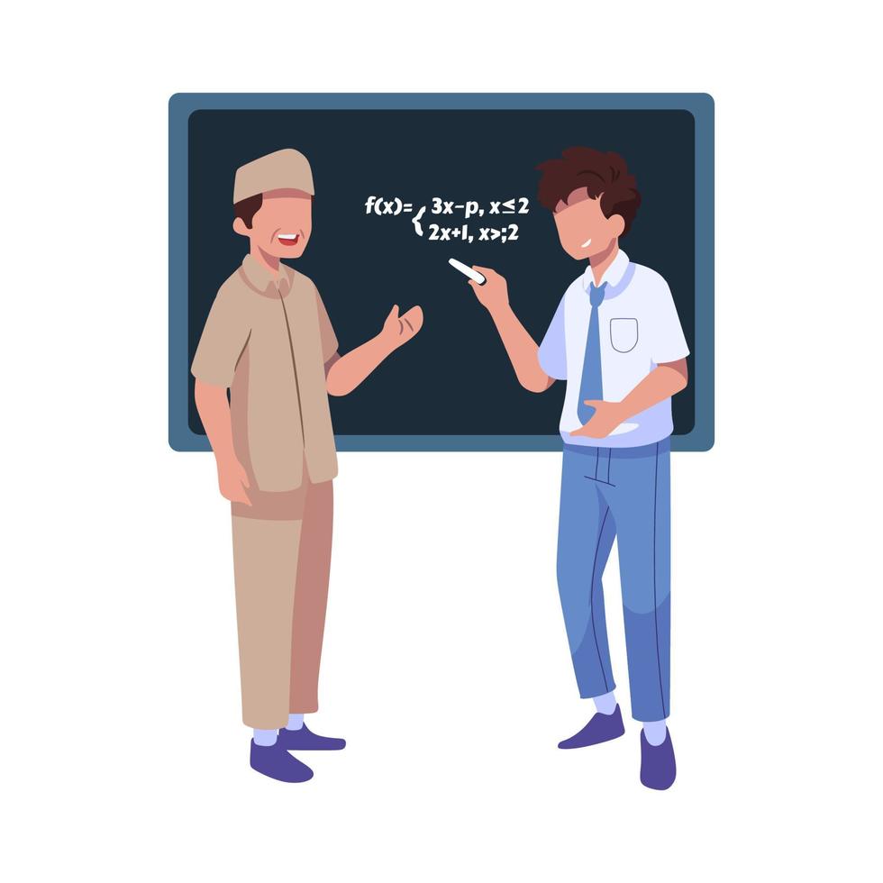 A teacher and a boy in front of a blackboard with numbers vector