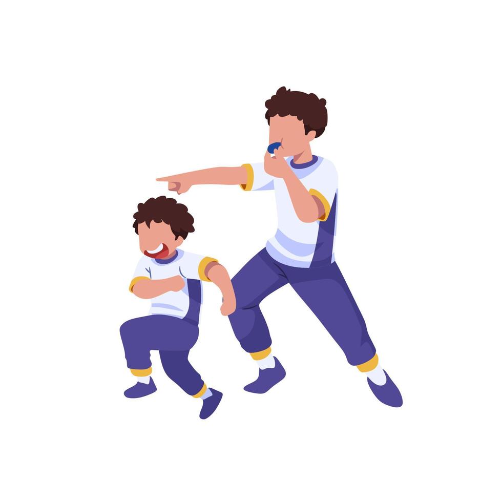 Two boys are standing and one is pointing at something. vector