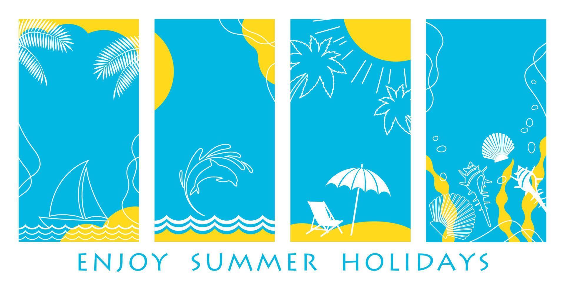 Vector Summer Greeting Card Template Set With Beach, Ocean, Blue Sky, And text Space Isolated On A White Background.