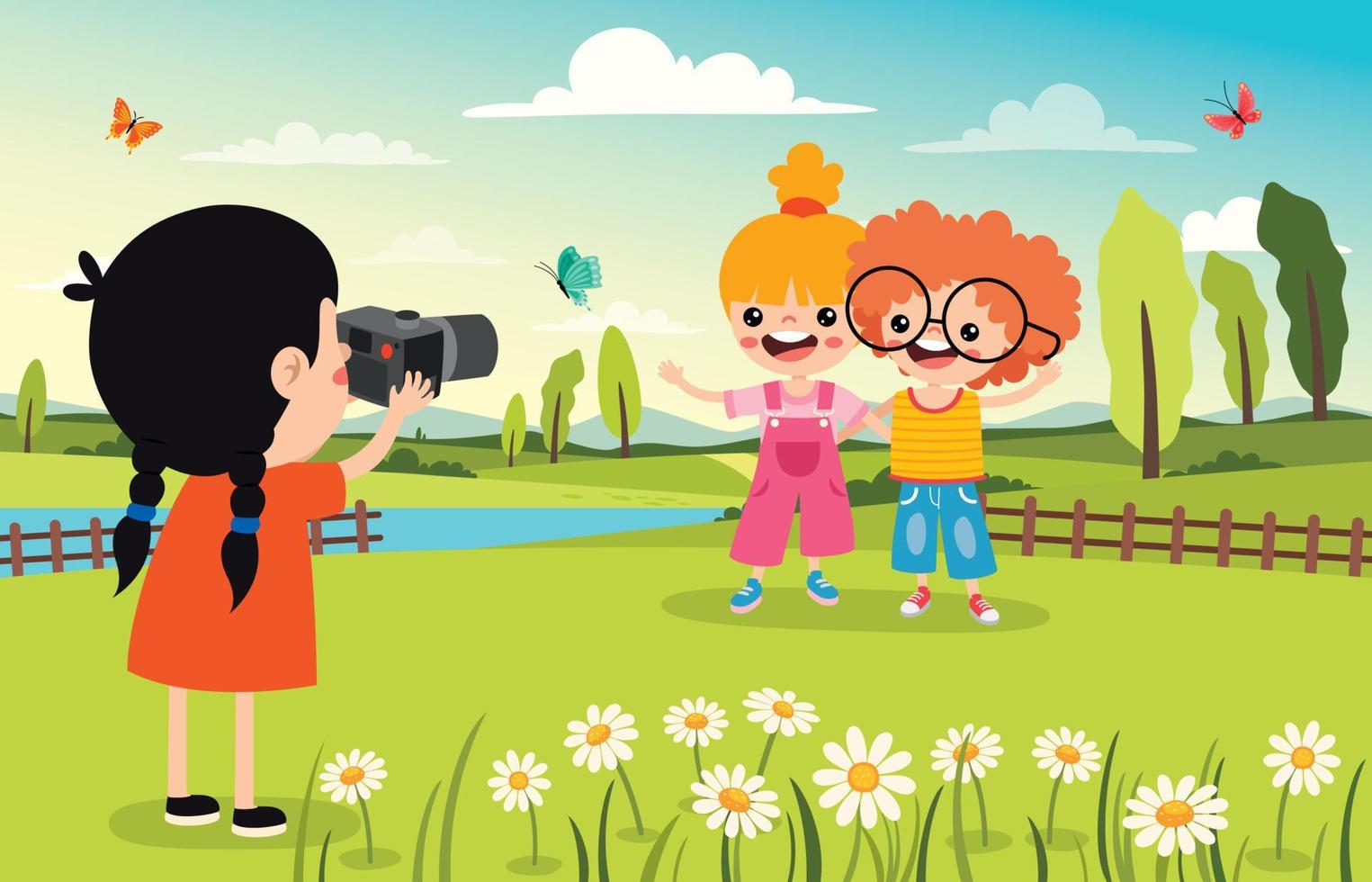 Cartoon Kid Taking Friends Photo vector
