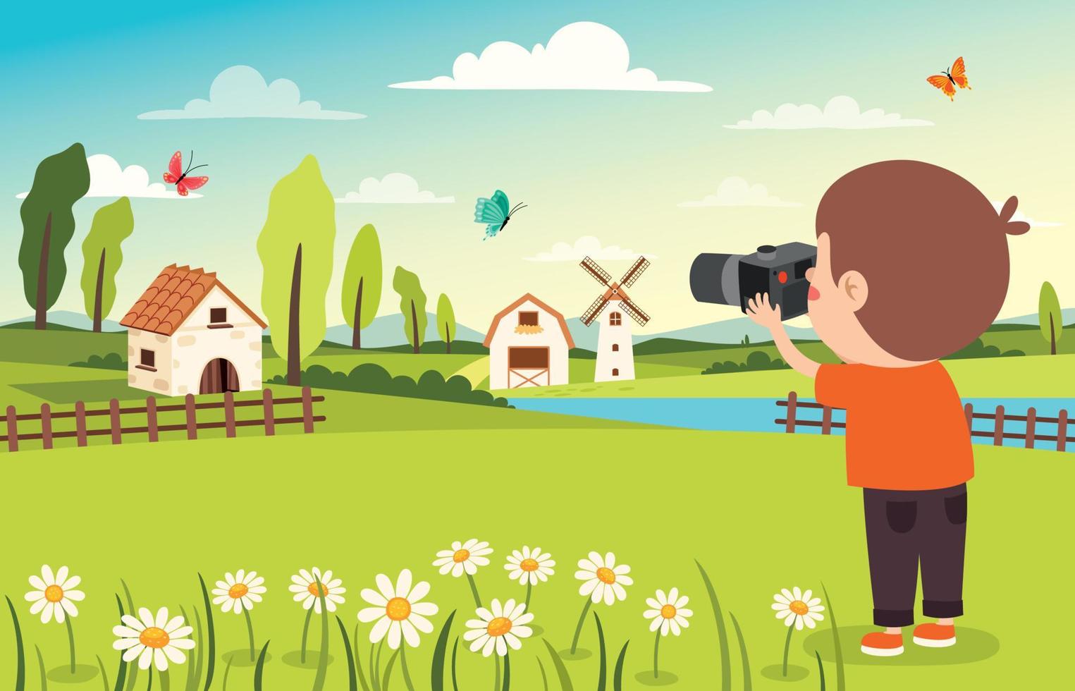 Little Cartoon Kid Taking Photo vector