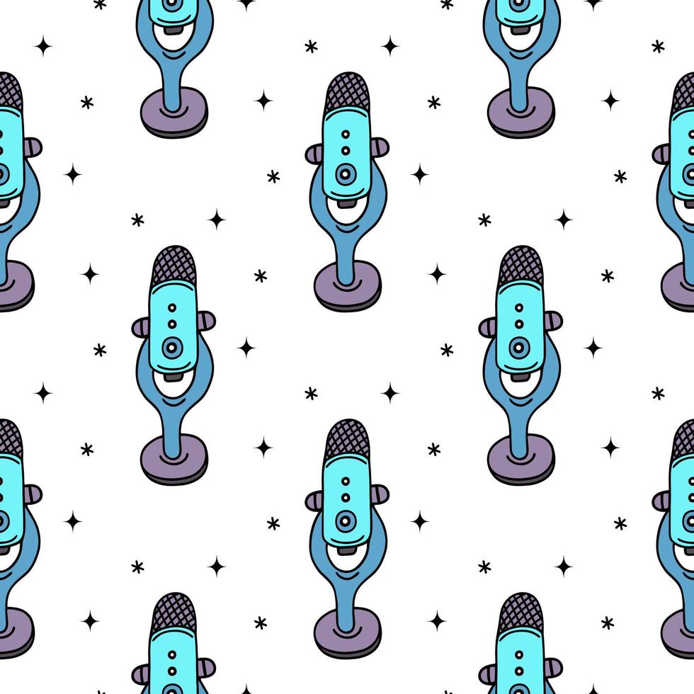 Microphone seamless vector pattern. Shiny device for podcast, stream, radio, asmr. Simple doodle, bright color illustration. Flat cartoon mic. Background for wallpapers, packaging, posters, web