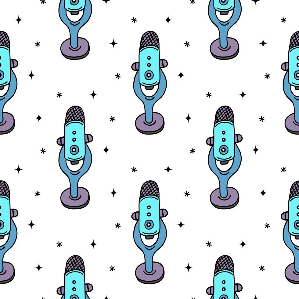 Microphone seamless vector pattern. Shiny device for podcast, stream, radio, asmr. Simple doodle, bright color illustration. Flat cartoon mic. Background for wallpapers, packaging, posters, web