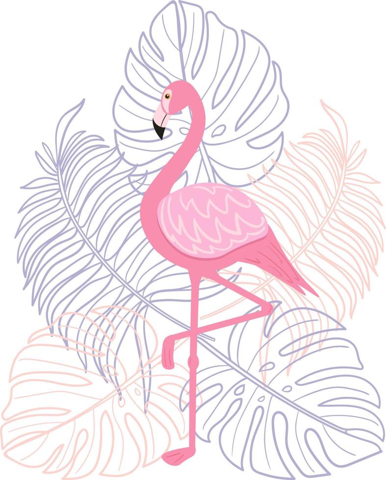 Flamingo on a background of tropical leaves. Vector image in a flat style. Summer illustration