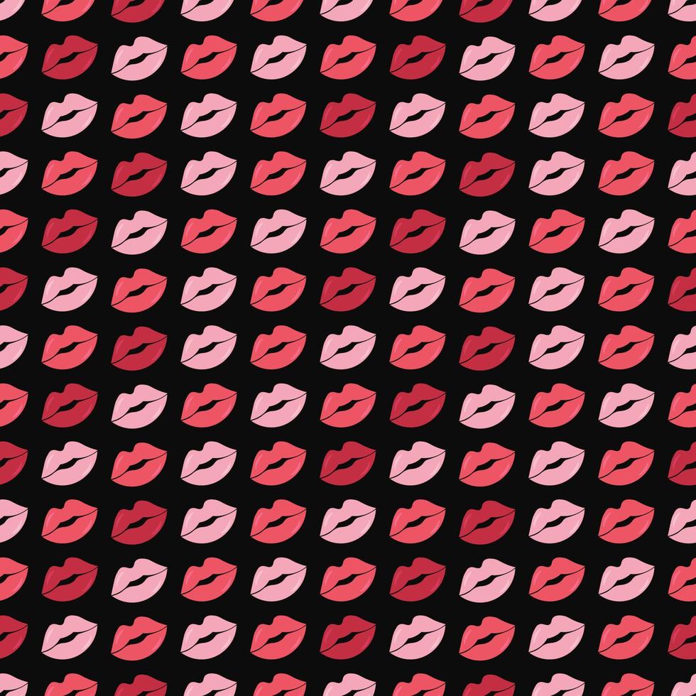 Seamless pattern with female lip prints on a dark background. Lipstick print for Kiss Day. Vector image in a flat design.