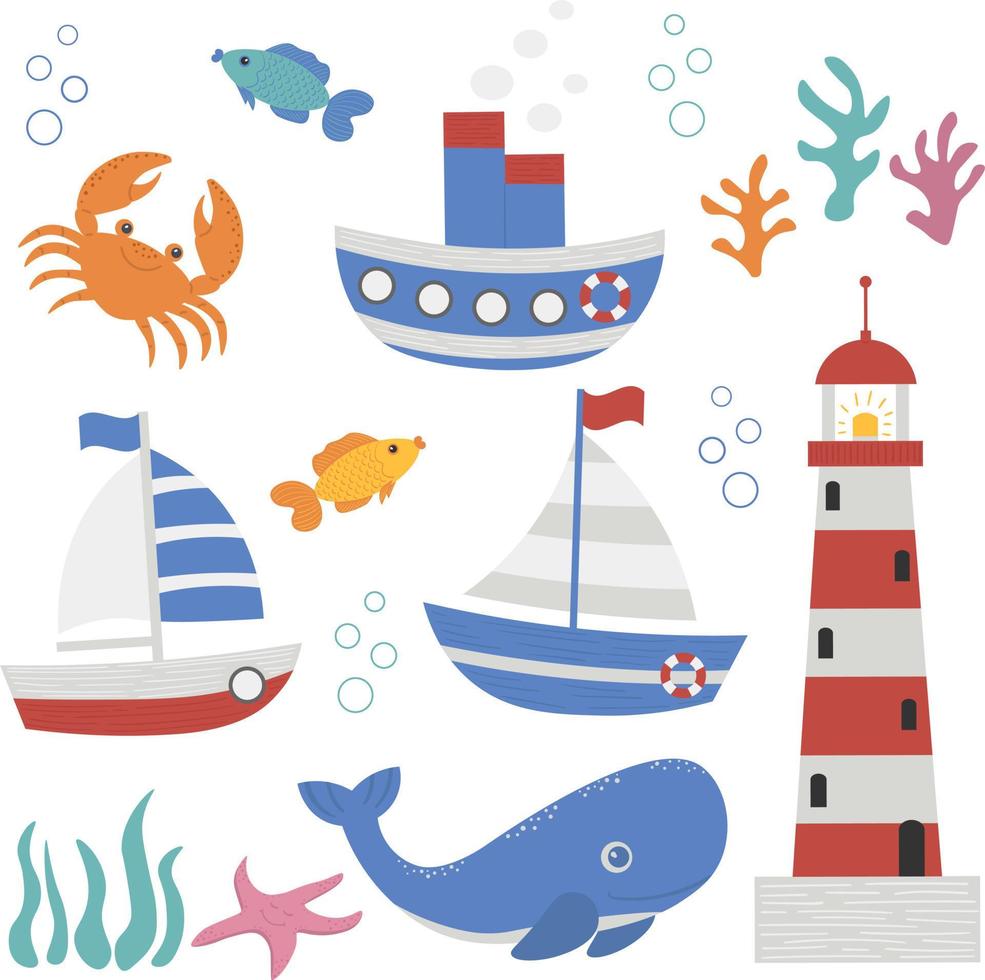 Children's illustration with maritime themes. Vector image in doodle style. Hand drawn.