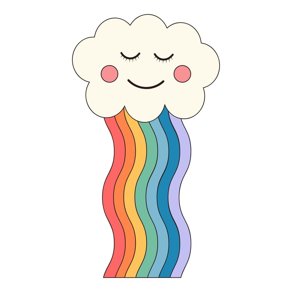 Groovy cloud character with rainbow. Retro vintage 60s 70s clipart. vector