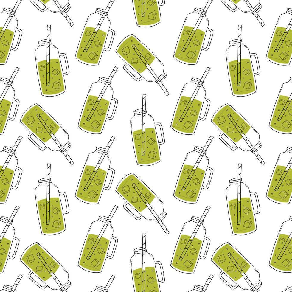 Seamless pattern with a bottle of smoothie in doodle style. Vector illustration. Print with smoothie, lemonade or cocktail.