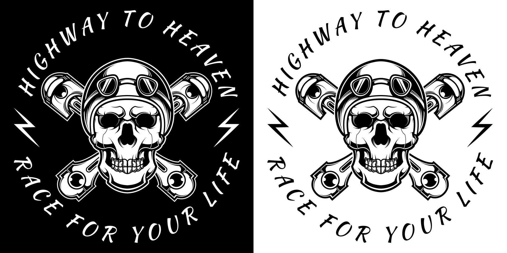 Skull in motorcycle helmet and goggles in black and white vintage monochrome style isolated vector illustration